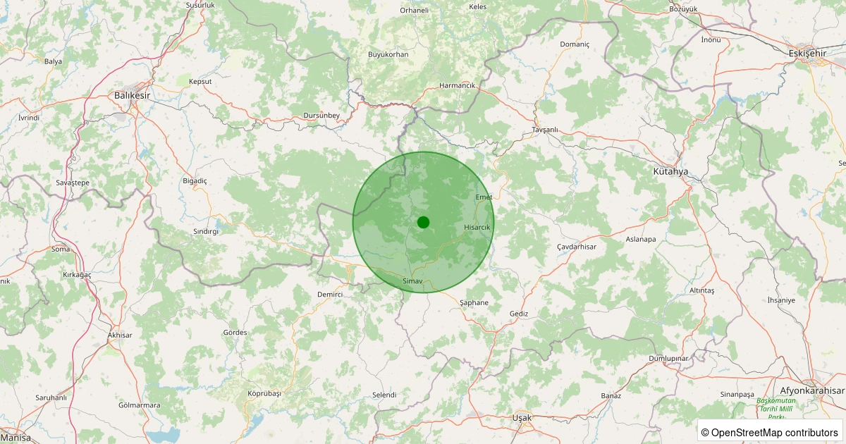19 Kasım 2025 saat 11:20 - Simav - Yeşildere Köyü - 1.70ml depreminin harita gösterimi