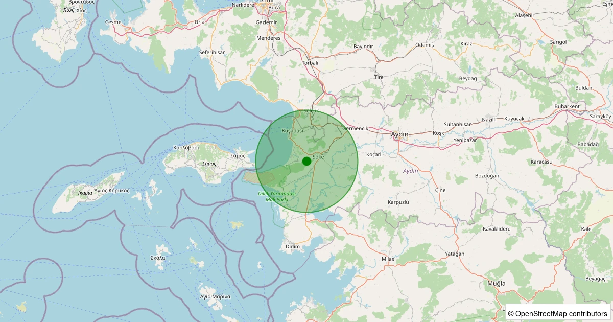 19 Kasım 2025 saat 11:58 - Söke - Ağaçlı - 1.10ml depreminin harita gösterimi