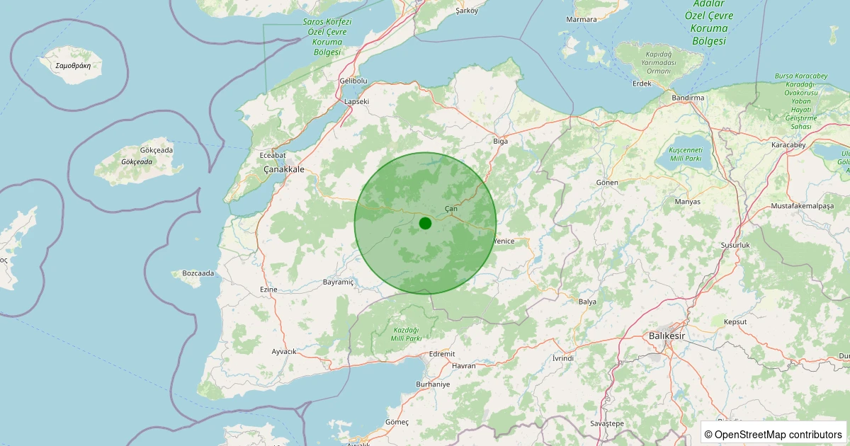 19 Kasım 2025 saat 13:52 - Çan - Büyükpaşa Köyü - 1.50ml depreminin harita gösterimi