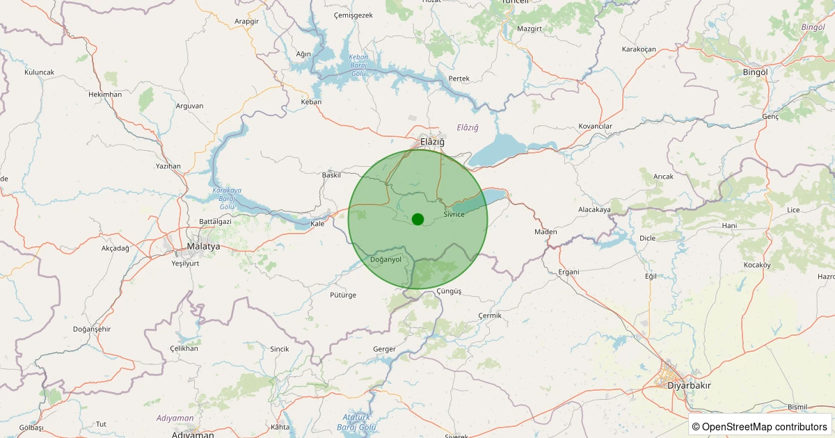 19 Kasım 2025 saat 15:00 - Sivrice - Kavak Köyü - 1.30ml depreminin harita gösterimi