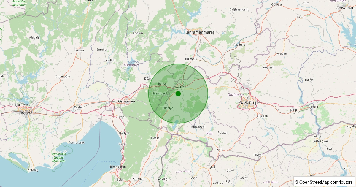 20 Kasım 2025 saat 13:34 - Nurdağı - Karaburçlu - 2.00ml depreminin harita gösterimi