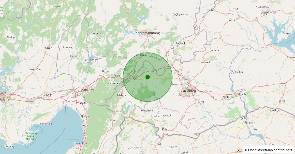 20 Kasım 2025 saat 22:31 - Nurdağı - Sakçagözü - 1.60ml depreminin harita gösterimi