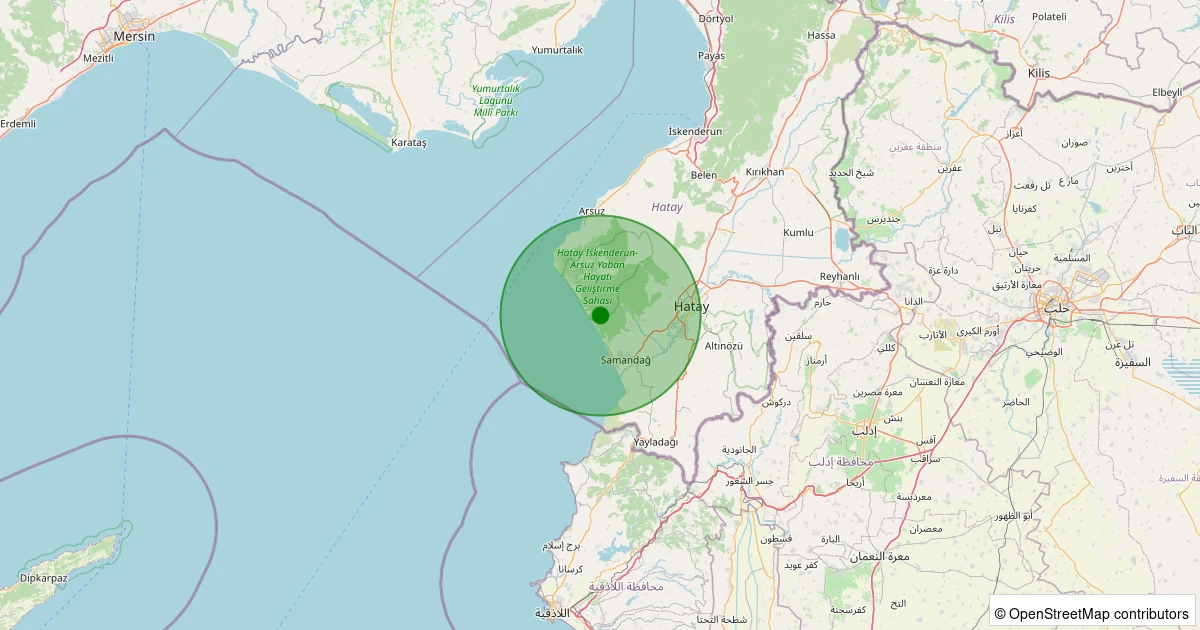 21 Kasım 2025 saat 12:22 - Samandağ - Büyükoba - 2.00ml depreminin harita gösterimi