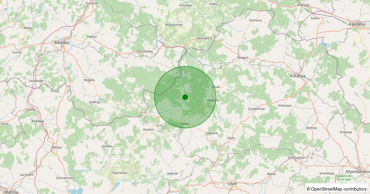 21 Kasım 2025 saat 15:50 - Simav - Yeşildere Köyü - 1.50ml depreminin harita gösterimi