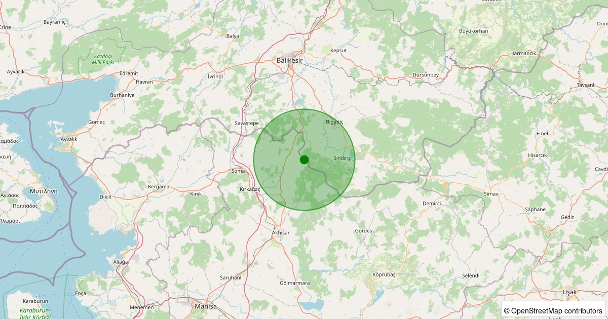 22 Kasım 2025 saat 13:31 - Kırkağaç - Hacet - 1.50ml depreminin harita gösterimi