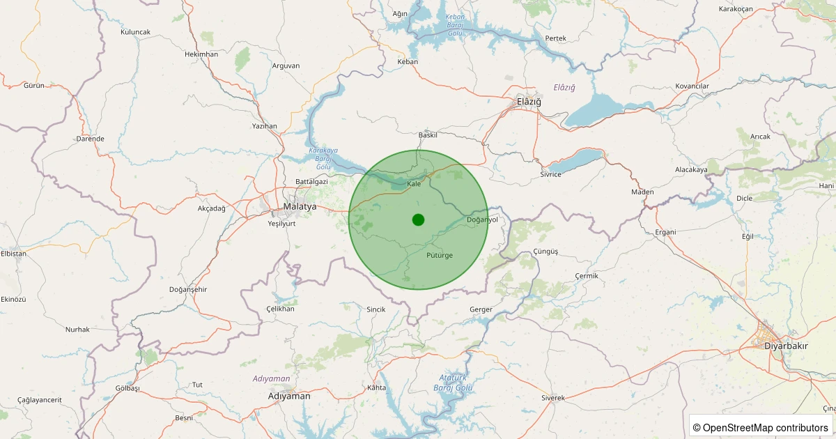 22 Kasım 2025 saat 19:18 - Pütürge - Karşıyaka Köyü - 1.40ml depreminin harita gösterimi