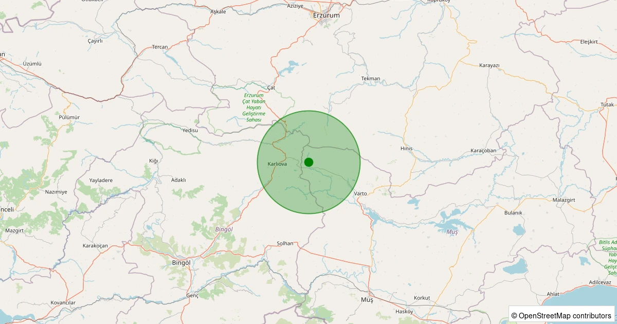 22 Kasım 2025 saat 19:37 - Varto - Güzeldere Köyü - 1.50ml depreminin harita gösterimi