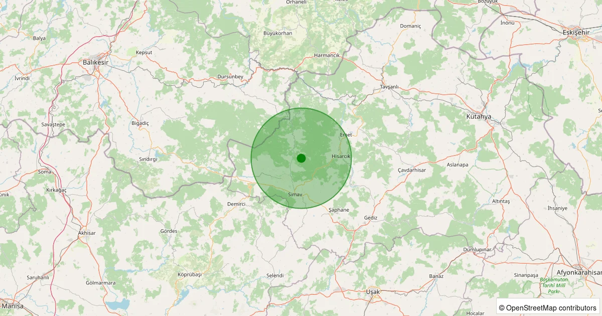 11 Ekim 2025 saat 19:38 - Simav - Maden Köyü - 1.60ml depreminin harita gösterimi