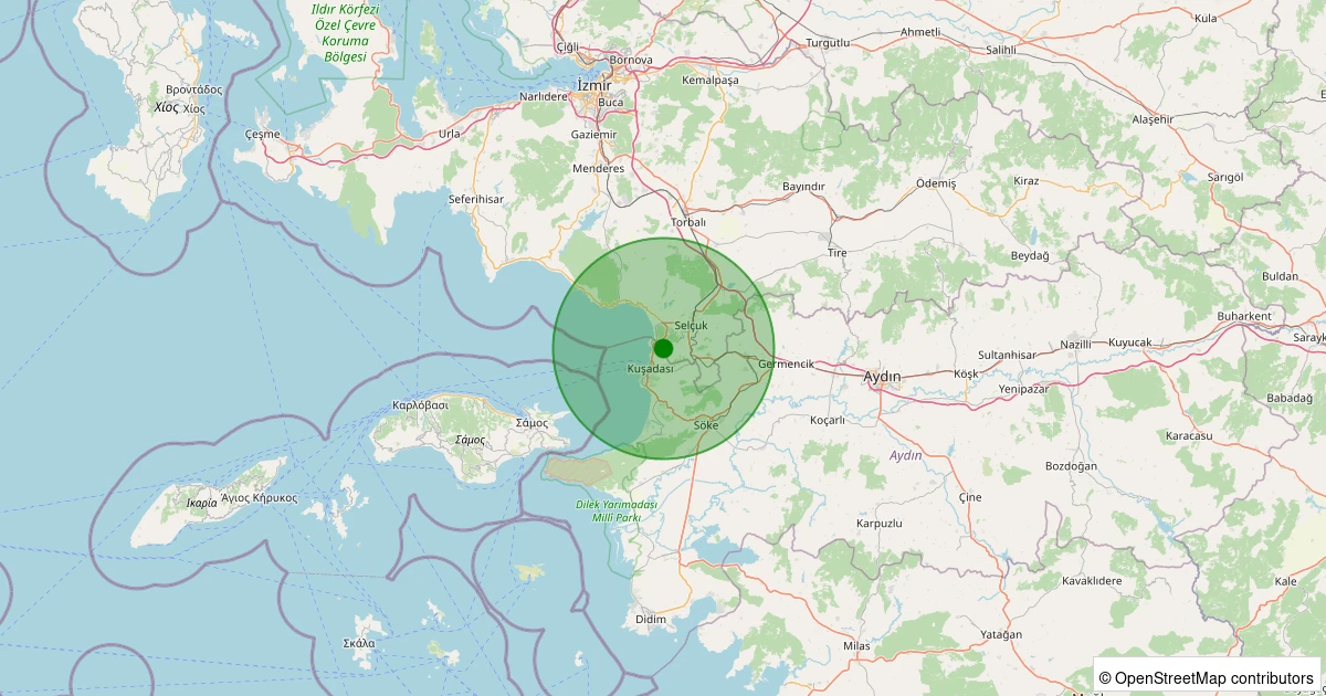 23 Kasım 2025 saat 11:31 - Kuşadası - Türkmen - 1.00ml depreminin harita gösterimi