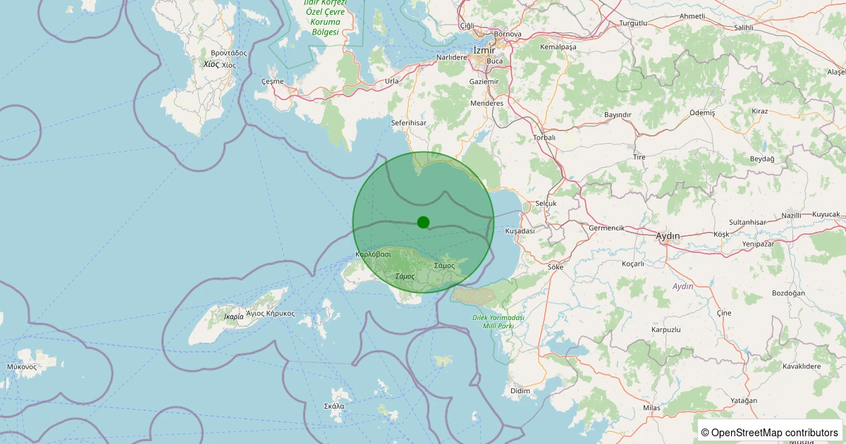 22 Kasım 2025 saat 09:48 - KUSADASI - 2.10ml depreminin harita gösterimi