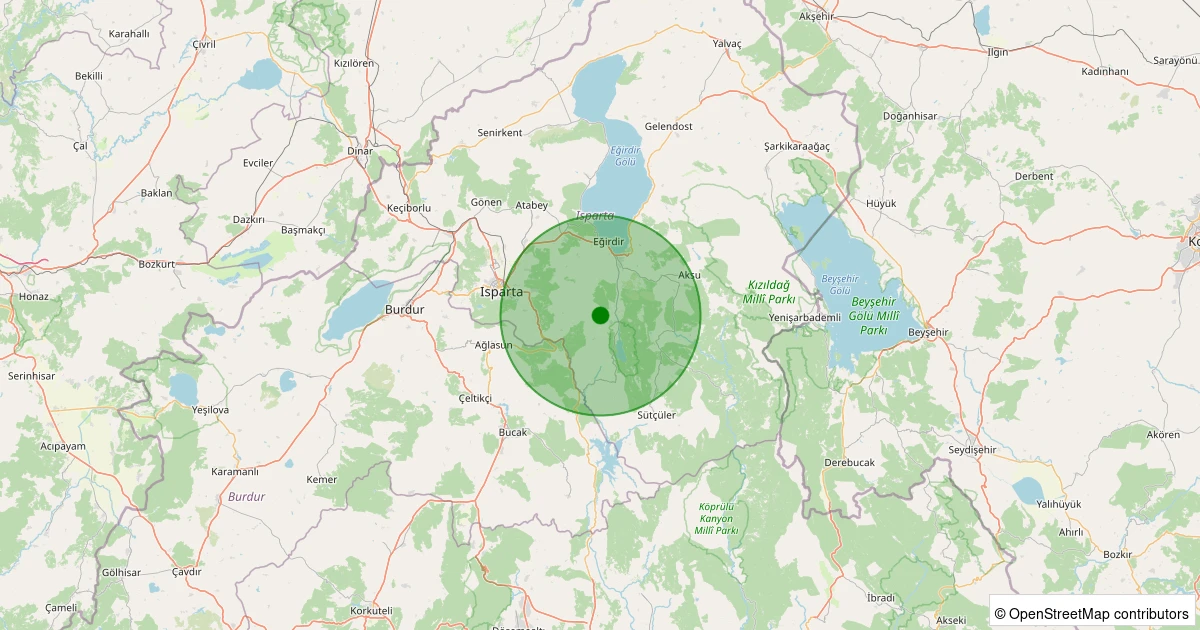 23 Kasım 2025 saat 14:46 - Eğirdir - Yukarıgökdere Köyü - 2.10ml depreminin harita gösterimi