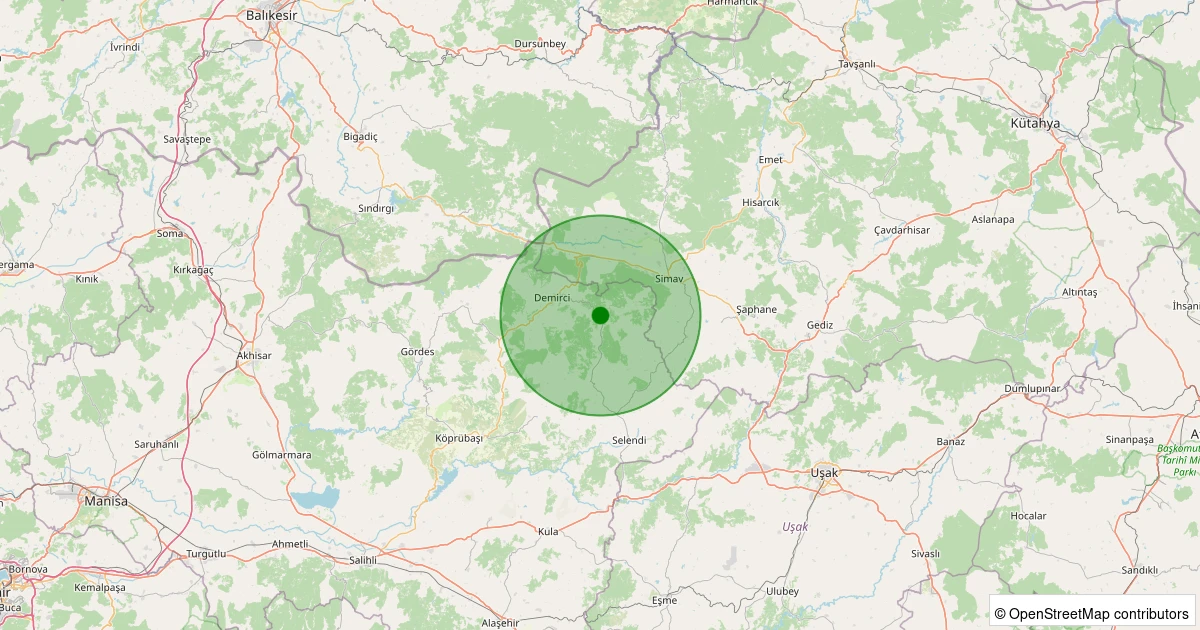 23 Kasım 2025 saat 18:56 - Demirci - Yarbasan - 2.00ml depreminin harita gösterimi