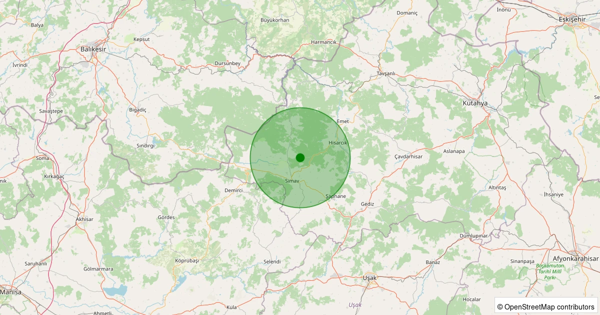 23 Kasım 2025 saat 19:45 - Simav - Eğirler Köyü - 1.30ml depreminin harita gösterimi