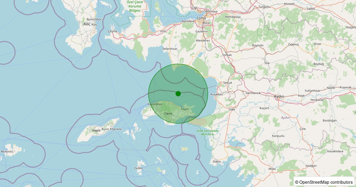 24 Kasım 2025 saat 11:45 - KUSADASI - 1.60ml depreminin harita gösterimi
