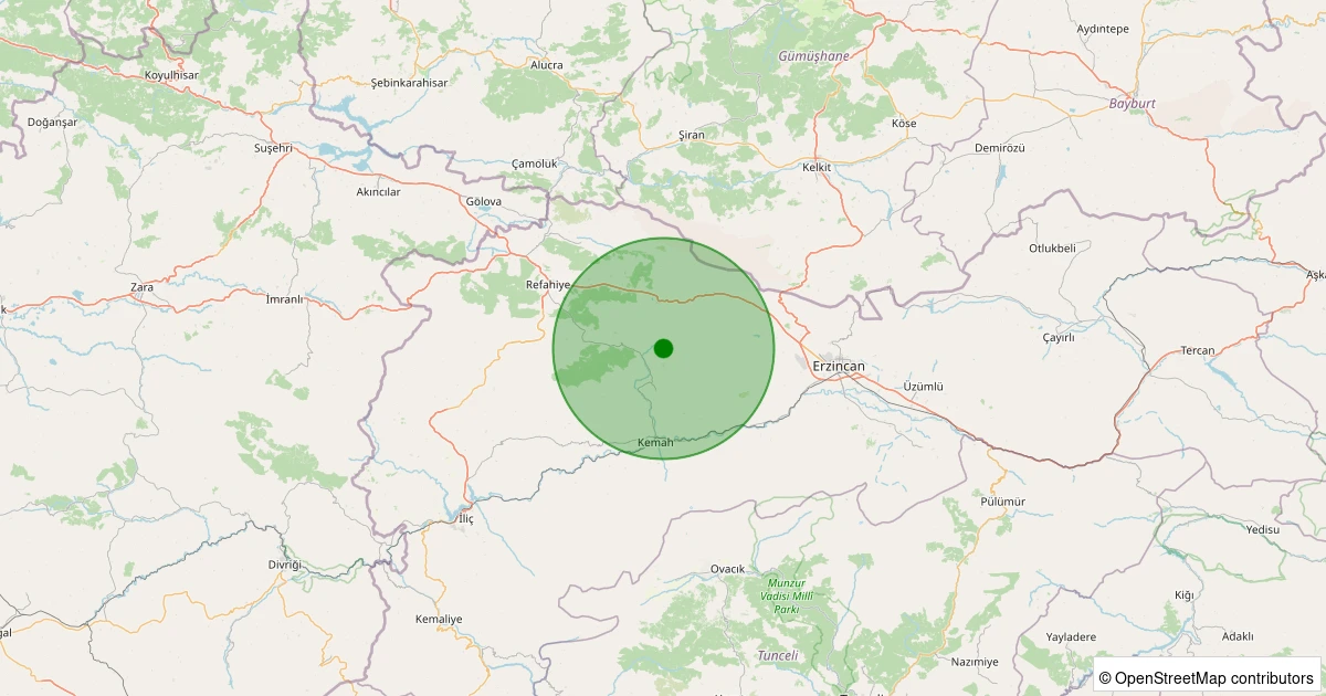 24 Kasım 2025 saat 19:47 - Kemah - Yardere Köyü - 1.60ml depreminin harita gösterimi