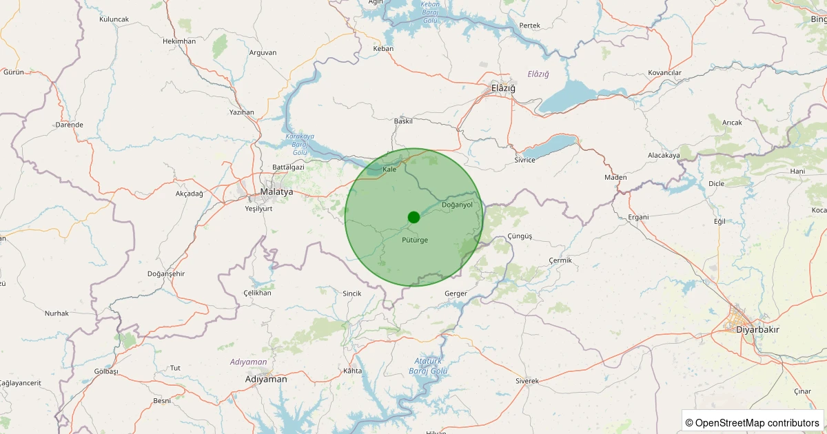25 Kasım 2025 saat 00:20 - Pütürge - Bölükkaya Köyü - 1.00ml depreminin harita gösterimi