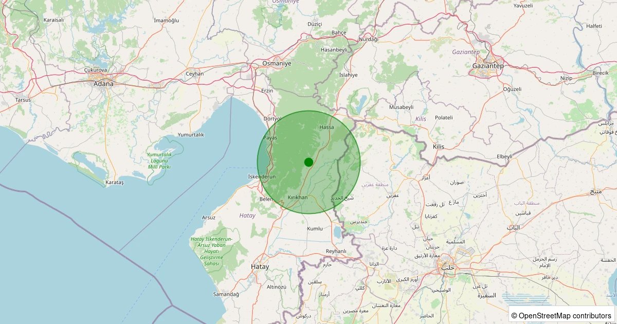 25 Kasım 2025 saat 03:39 - Kırıkhan - Bektaşlı Köyü - 1.50ml depreminin harita gösterimi