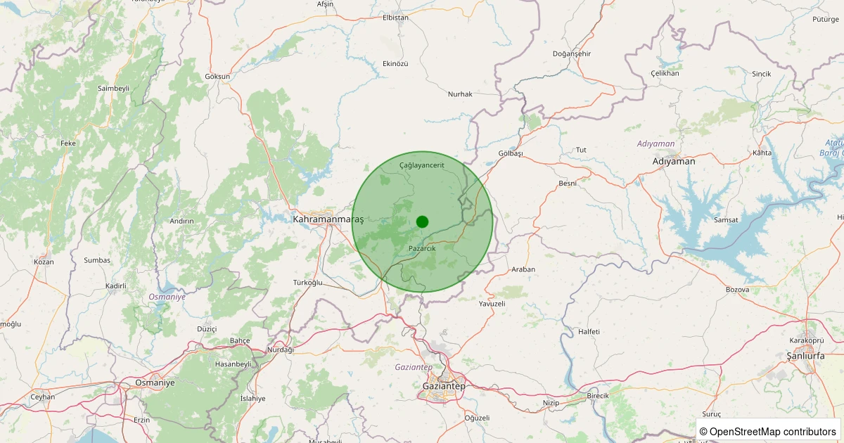 25 Kasım 2025 saat 12:32 - Pazarcık - B.Nacar/Yavuz Sultan Selim - 1.50ml depreminin harita gösterimi