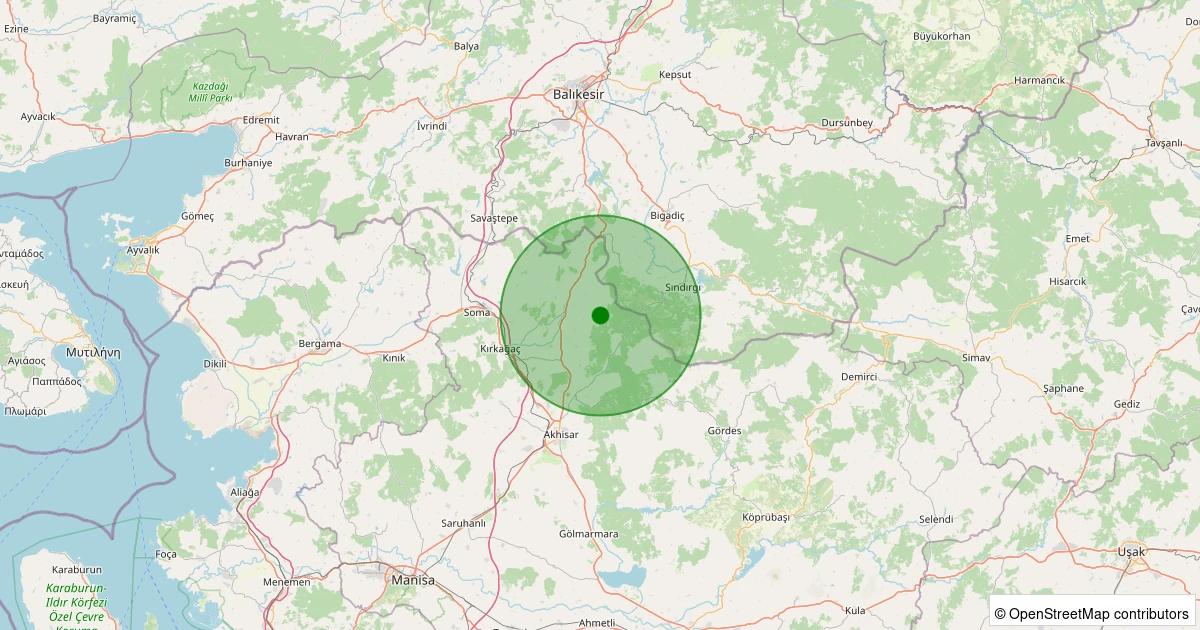 25 Kasım 2025 saat 19:21 - Kırkağaç - Dualar - 1.80ml depreminin harita gösterimi