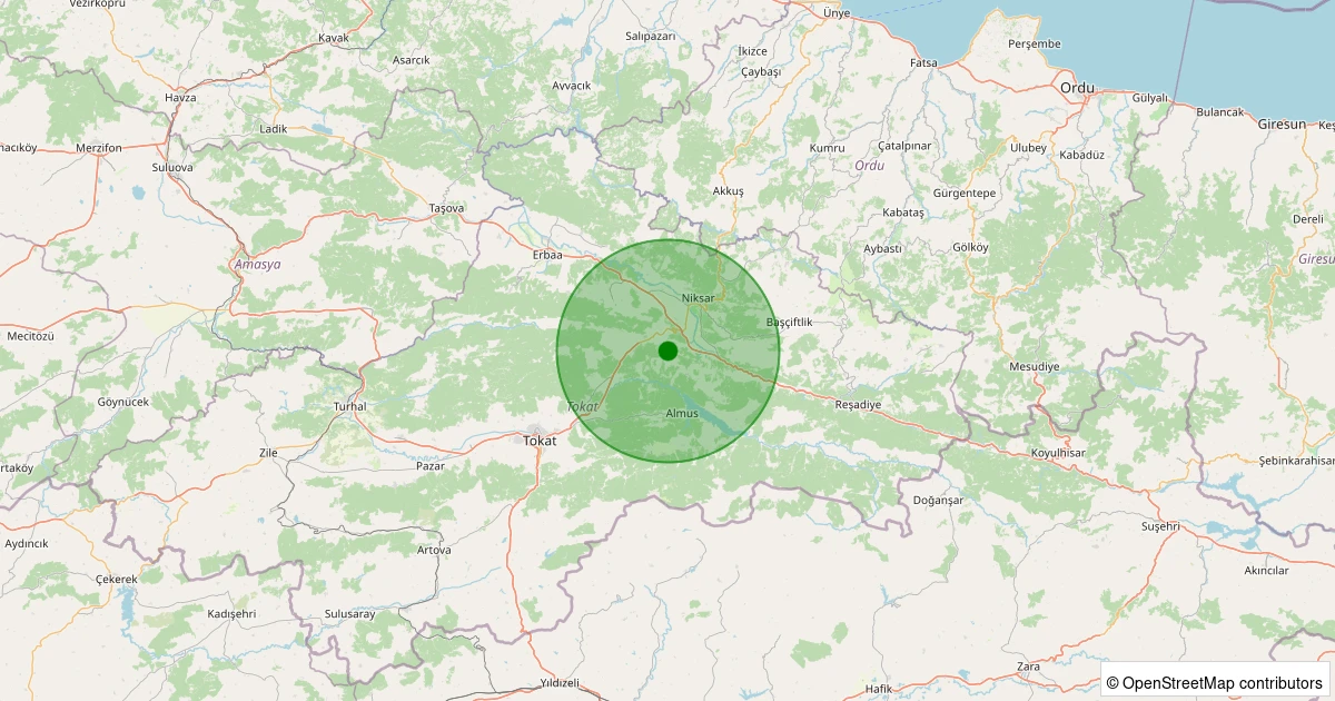 27 Kasım 2025 saat 20:29 - Niksar - Güzelyayla Köyü - 1.30ml depreminin harita gösterimi