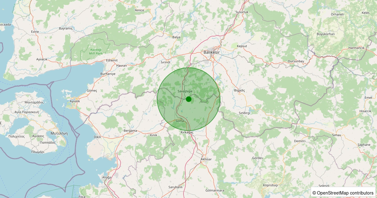 28 Kasım 2025 saat 09:56 - Soma - Tabanlar - 2.10ml depreminin harita gösterimi