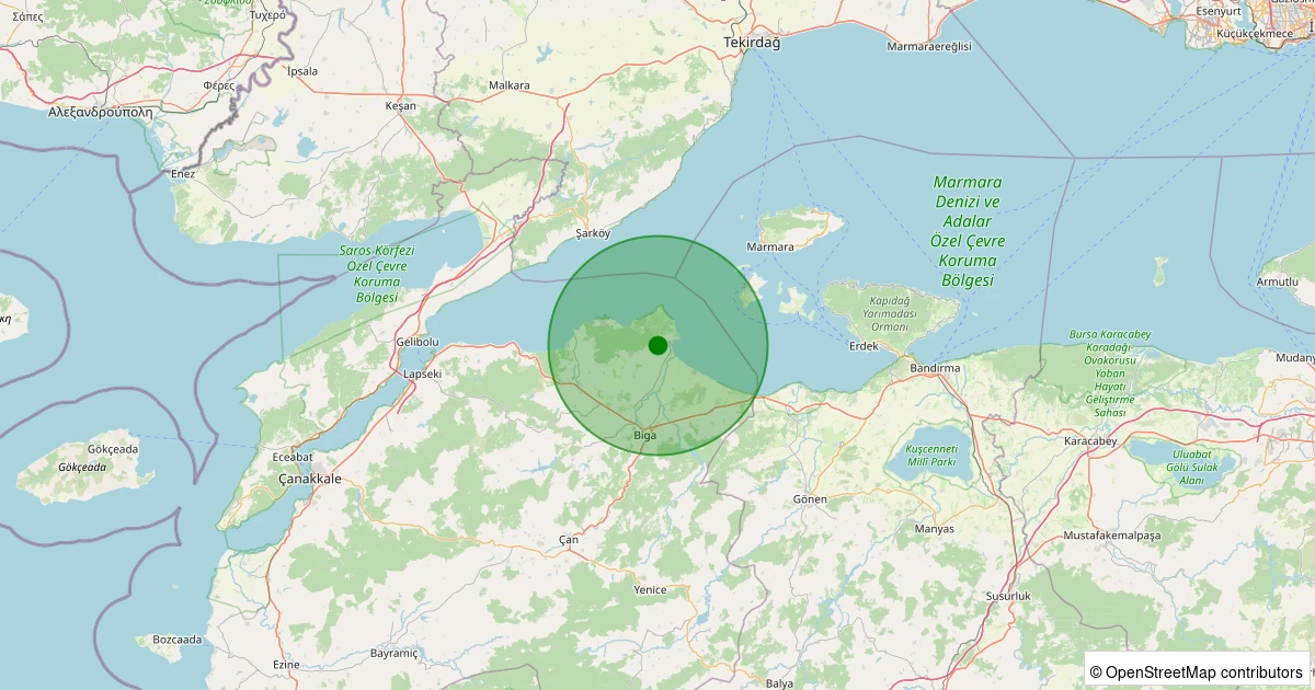 27 Kasım 2025 saat 23:54 - Biga - Ulucami - 1.20ml depreminin harita gösterimi