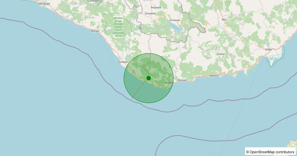 27 Kasım 2025 saat 23:28 - Anamur - Anıtlı Köyü - 1.30ml depreminin harita gösterimi