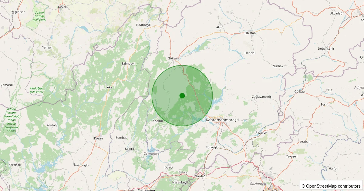12 Ekim 2025 saat 19:57 - Onikişubat - Kaynar - 1.70ml depreminin harita gösterimi