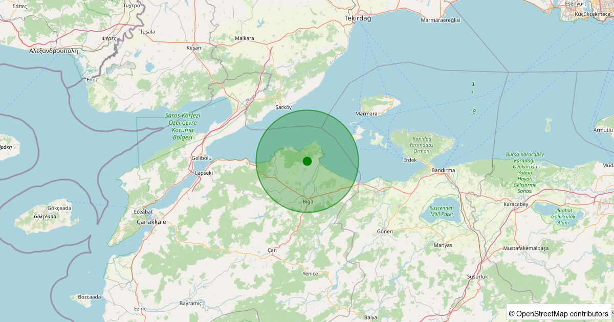 30 Kasım 2025 saat 02:45 - Biga - Örtülüce Köyü - 1.20ml depreminin harita gösterimi