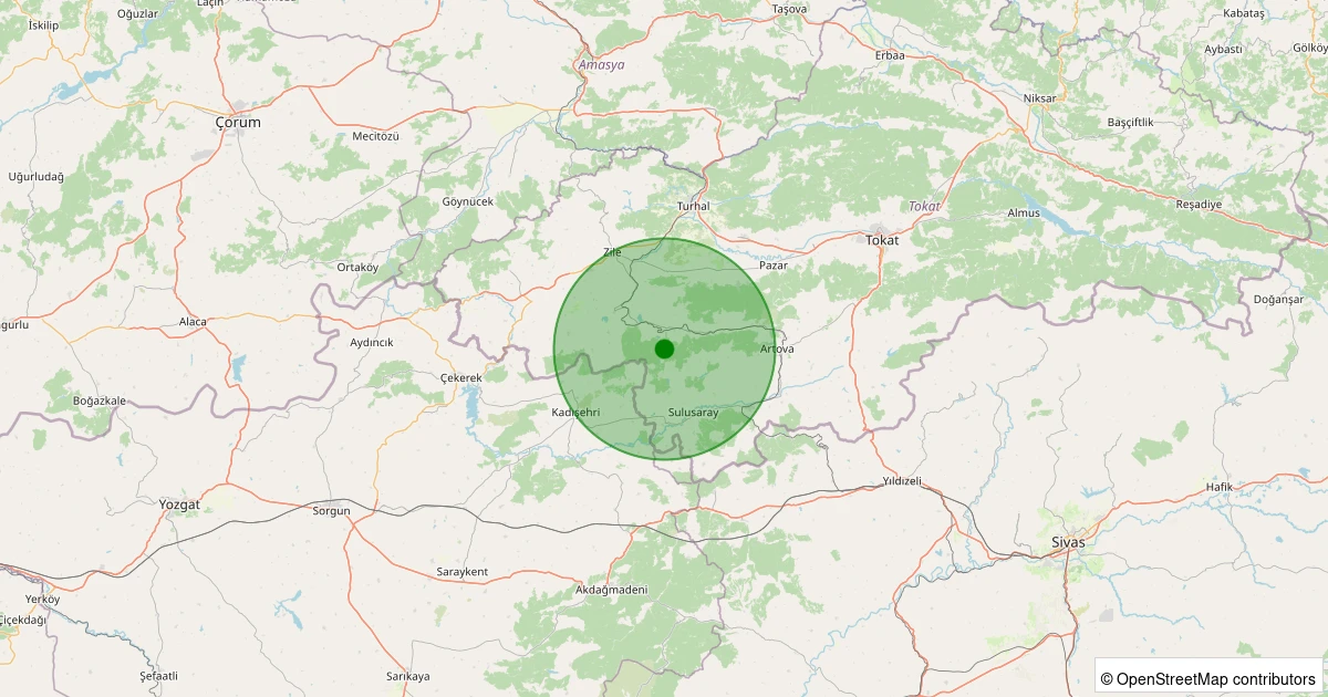 30 Kasım 2025 saat 12:27 - Zile - Kuruçay Köyü - 2.00ml depreminin harita gösterimi