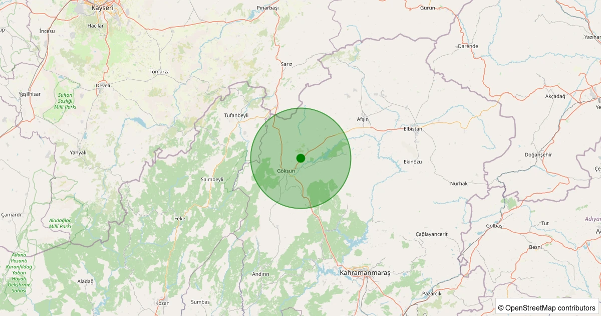 30 Kasım 2025 saat 21:36 - Göksun - Yağmurlu - 1.50ml depreminin harita gösterimi