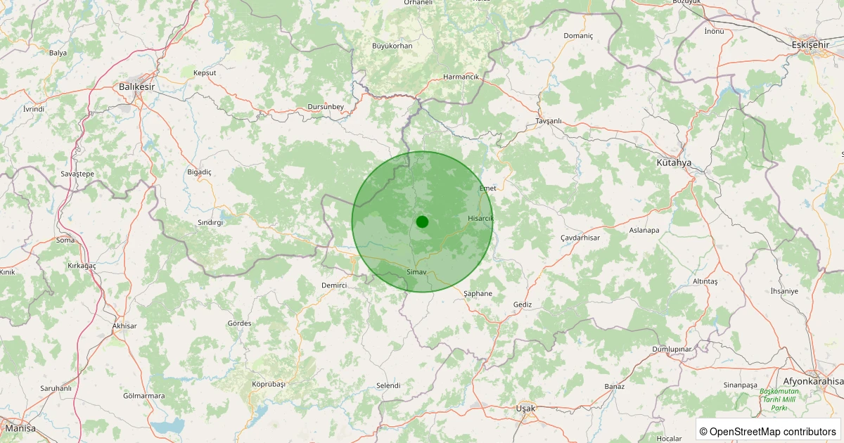 30 Kasım 2025 saat 22:45 - Simav - Yemişli Köyü - 1.30ml depreminin harita gösterimi