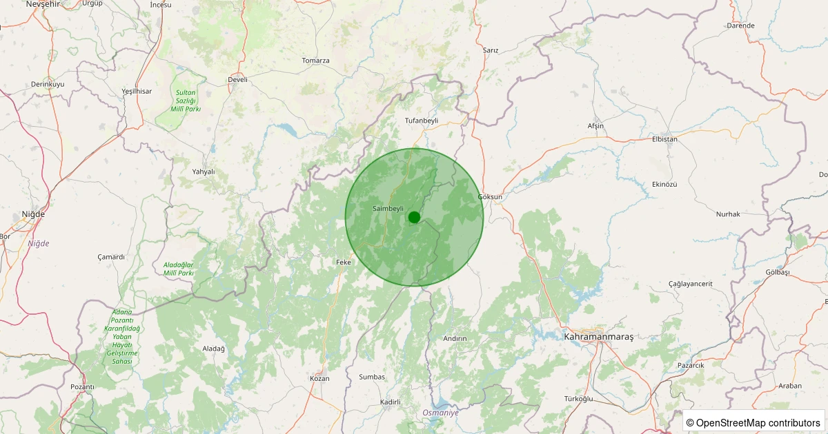 02 Aralık 2025 saat 00:21 - Saimbeyli - Eyüplü - 1.10ml depreminin harita gösterimi