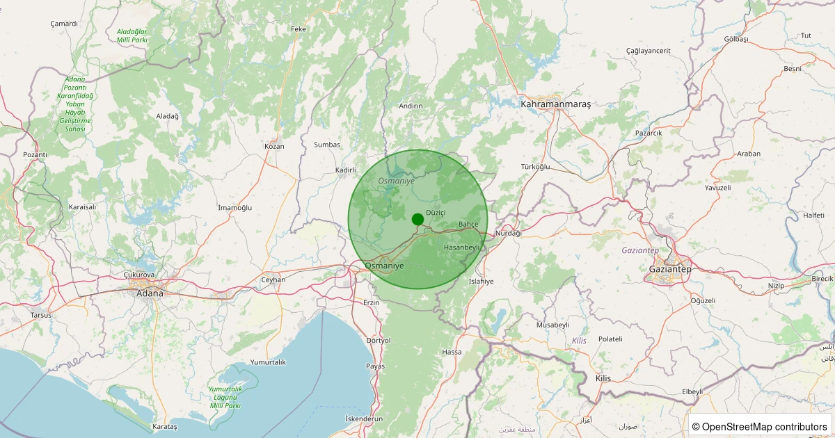 02 Aralık 2025 saat 00:02 - Düziçi - Ellek/Peçenek - 1.10ml depreminin harita gösterimi