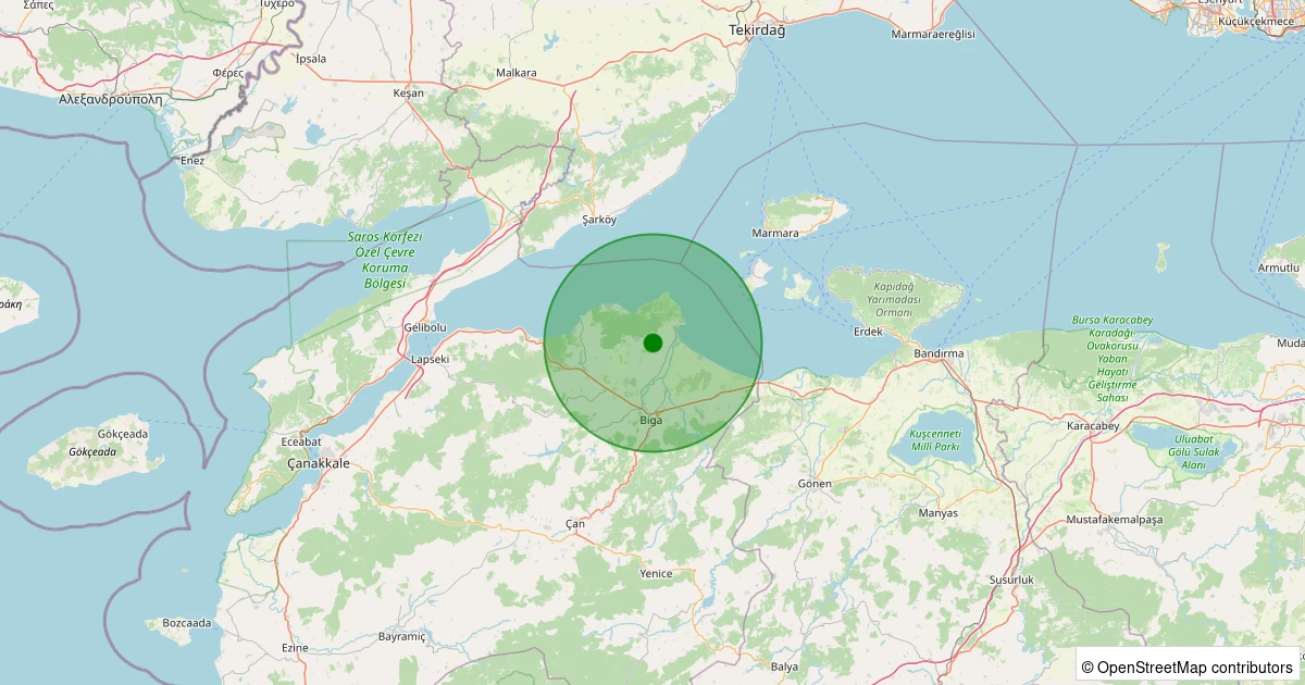 02 Aralık 2025 saat 01:25 - Biga - Örtülüce Köyü - 0.90ml depreminin harita gösterimi