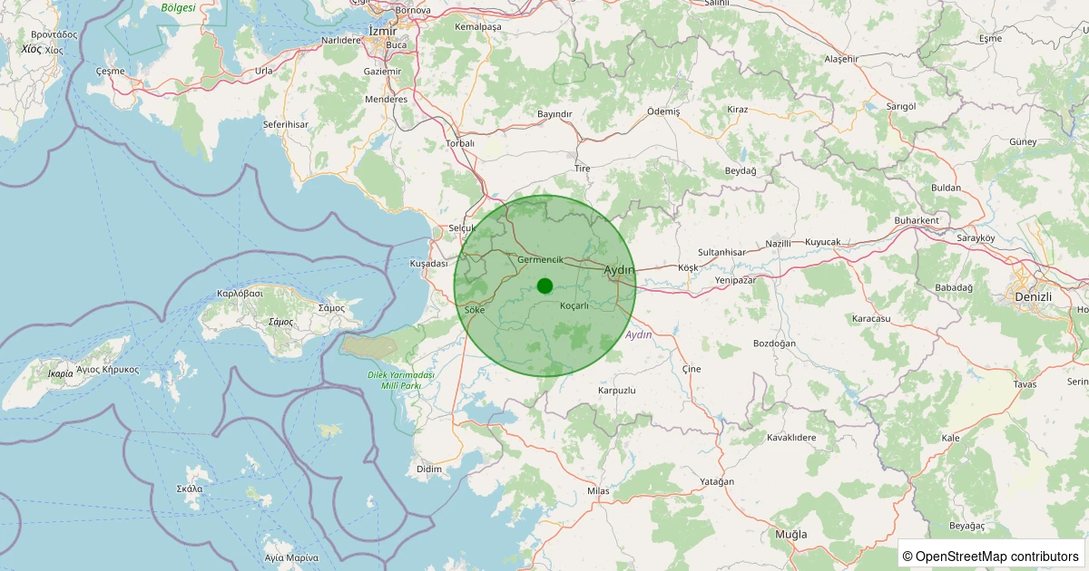 02 Aralık 2025 saat 09:55 - Germencik - Turanlar - 1.00ml depreminin harita gösterimi