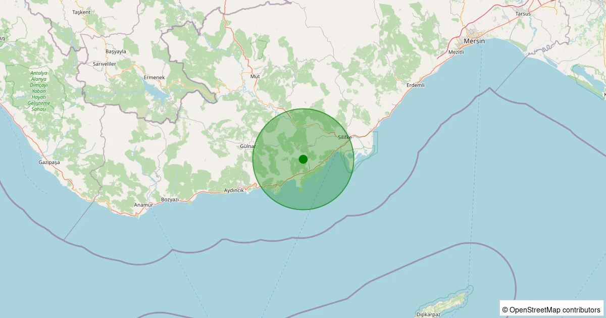 02 Aralık 2025 saat 12:21 - Silifke - Akdere - 1.10ml depreminin harita gösterimi