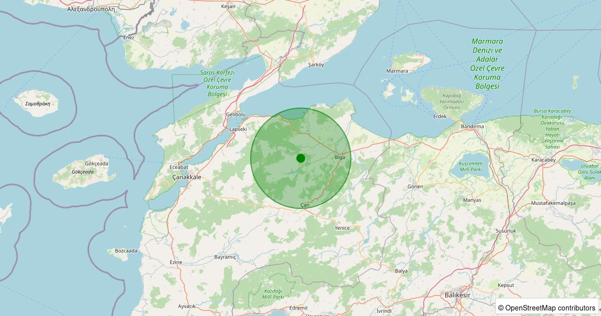 05 Aralık 2025 saat 21:09 - Biga - Danişment Köyü - 1.90ml depreminin harita gösterimi