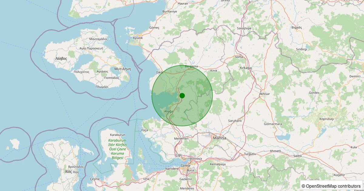 06 Aralık 2025 saat 21:10 - Aliağa - Yukarı Şakran Köyü - 1.50ml depreminin harita gösterimi
