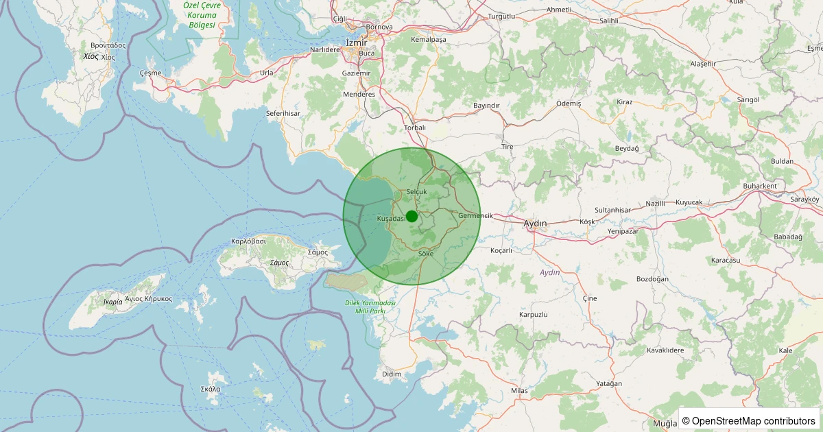 07 Aralık 2025 saat 21:18 - Kuşadası - Yeniköy Köyü - 2.00ML depreminin harita gösterimi
