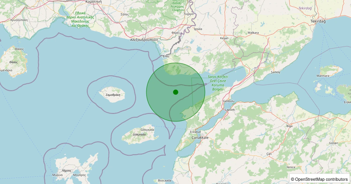 07 Aralık 2025 saat 22:17 - Ege Denizi - Saros Körfezi - [16.95 km] Enez (Edirne) - 2.00ML depreminin harita gösterimi