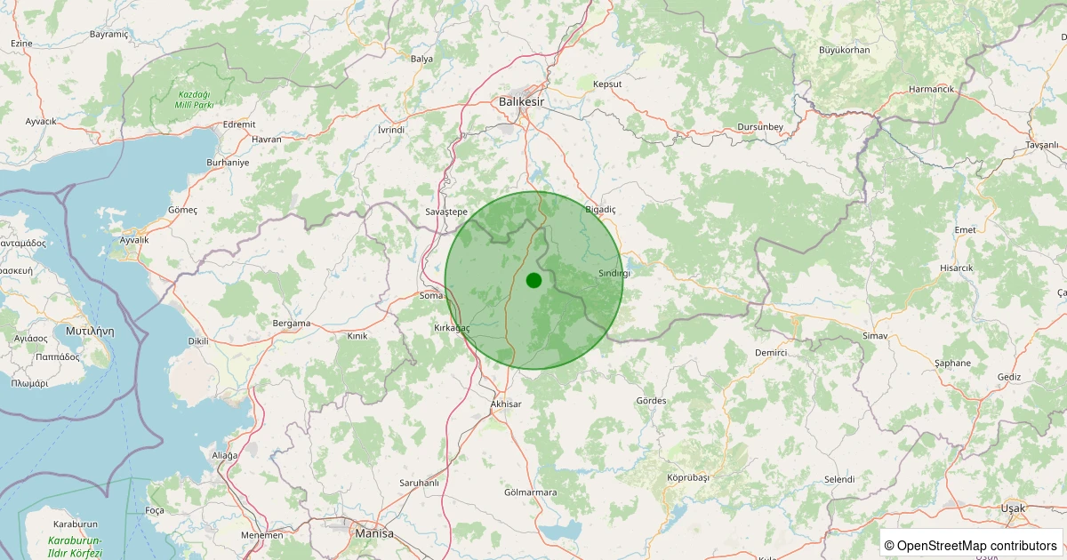 08 Aralık 2025 saat 01:51 - Kırkağaç - Dualar - 1.10ml depreminin harita gösterimi