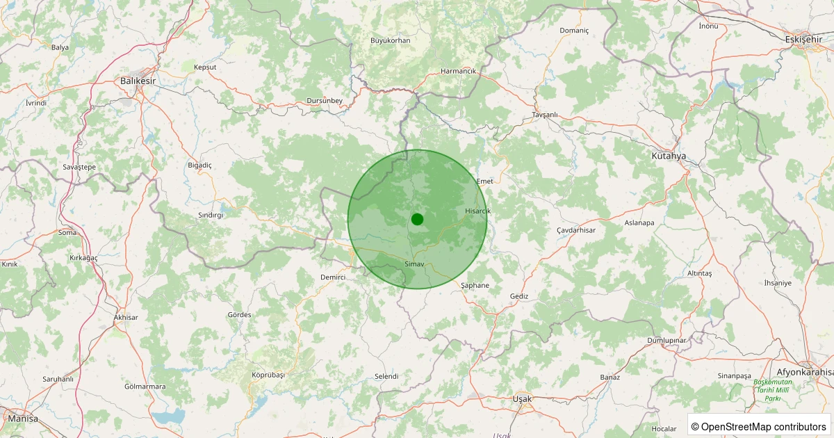 08 Aralık 2025 saat 06:28 - Simav - Yemişli Köyü - 2.10ml depreminin harita gösterimi