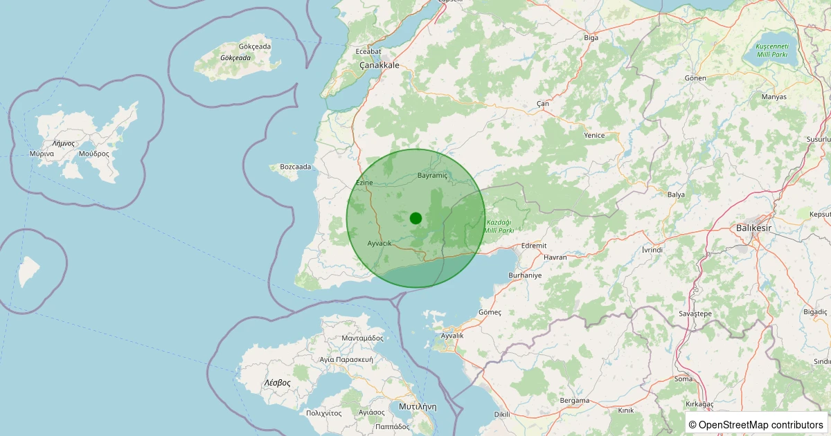 08 Aralık 2025 saat 06:04 - Bayramiç - Dağahmetçe Köyü - 1.40ml depreminin harita gösterimi