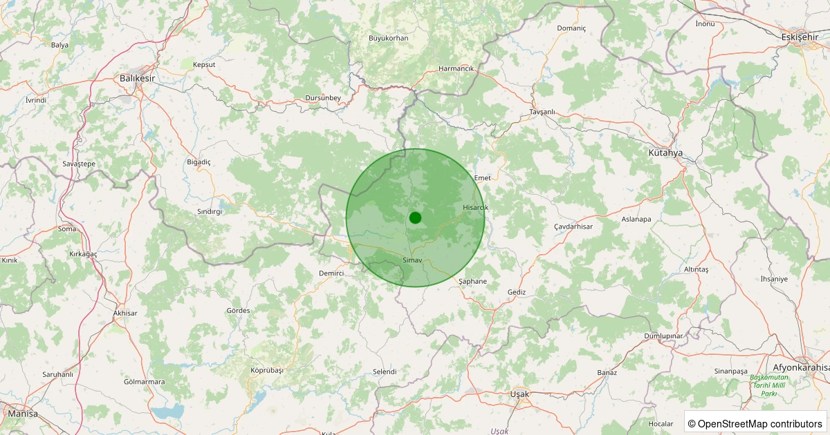 08 Aralık 2025 saat 14:05 - Simav - Yemişli Köyü - 1.10ML depreminin harita gösterimi