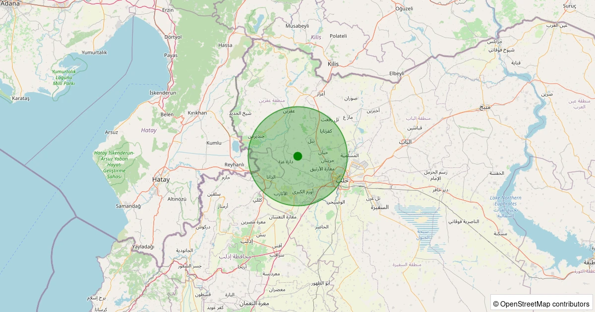 08 Aralık 2025 saat 15:49 - Afrin, Halep (Suriye) - [21.70 km] Reyhanlı (Hatay) - 1.60ML depreminin harita gösterimi
