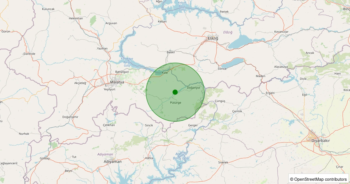 08 Aralık 2025 saat 19:46 - Pütürge - Bölükkaya Köyü - 1.30ML depreminin harita gösterimi