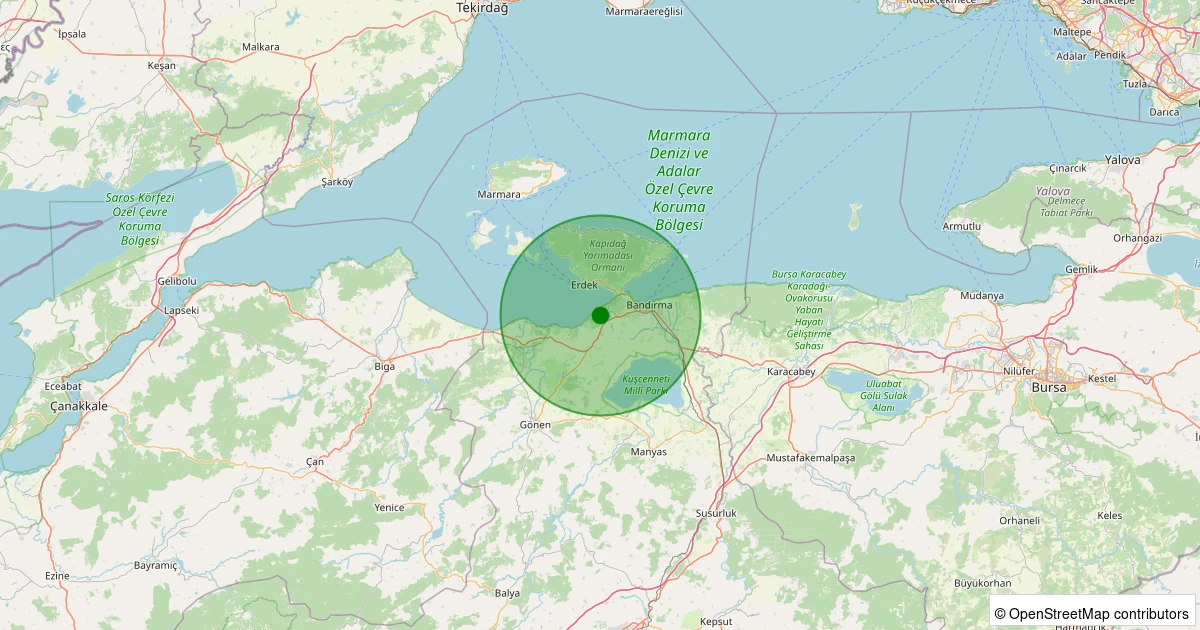 07 Aralık 2025 saat 09:55 - Bandırma - Edincik - 1.30ml depreminin harita gösterimi