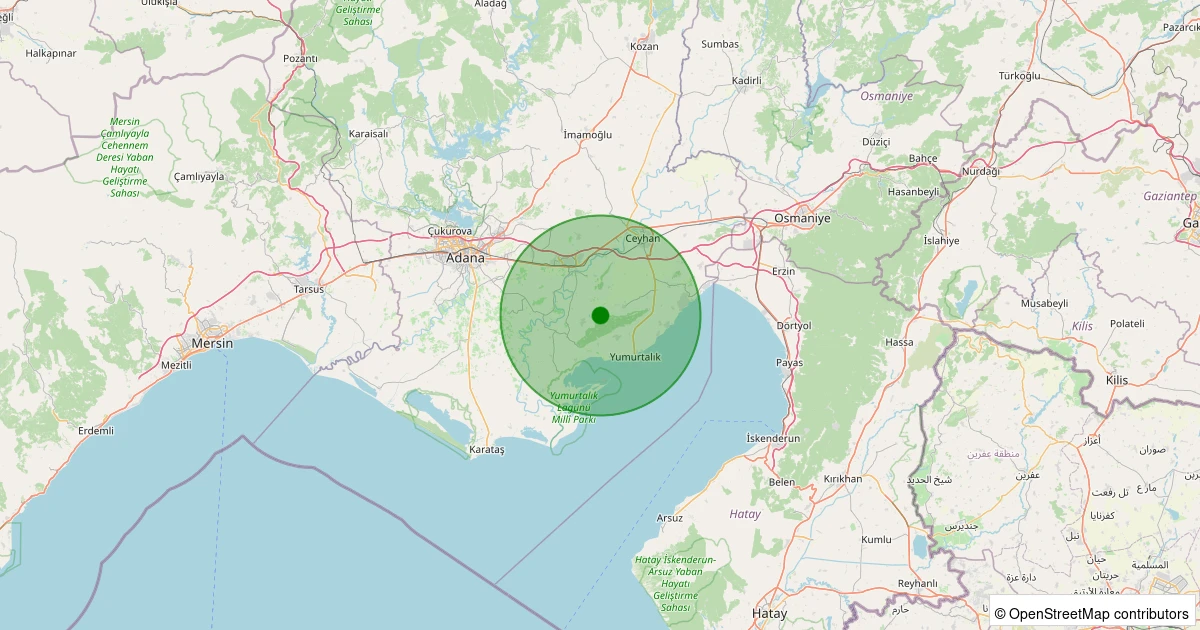 09 Aralık 2025 saat 21:45 - Ceyhan - Yellibel - 3.50ml depreminin harita gösterimi