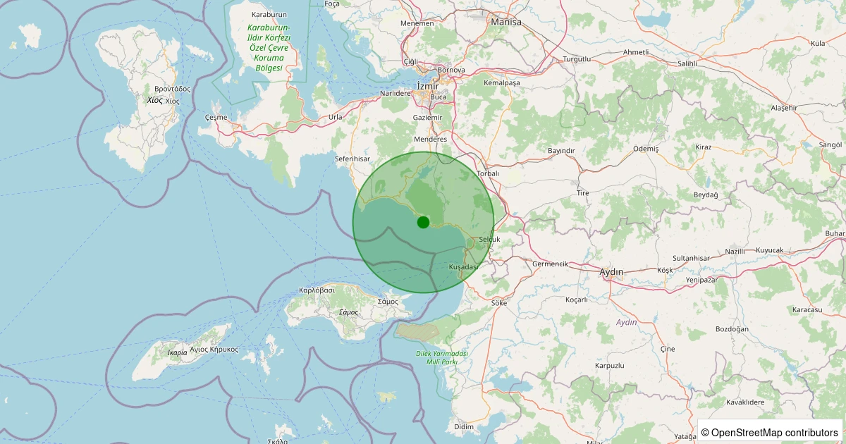 10 Aralık 2025 saat 03:50 - Ege Denizi - Kuşadası Körfezi - [02.43 km] Menderes (İzmir) - 1.30ML depreminin harita gösterimi